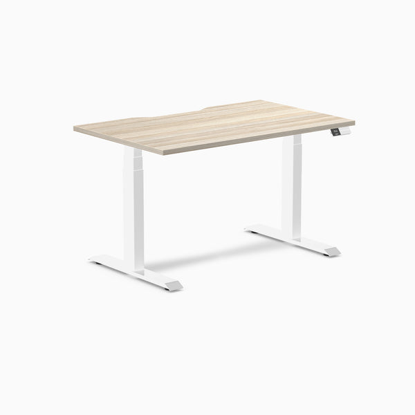 Desky Dual Scalloped Laminate Sit Stand Desk, Classic Oak desktop, White frame