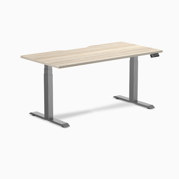 Desky Dual Scalloped Laminate Sit Stand Desk, Classic Oak desktop, Space Gray frame