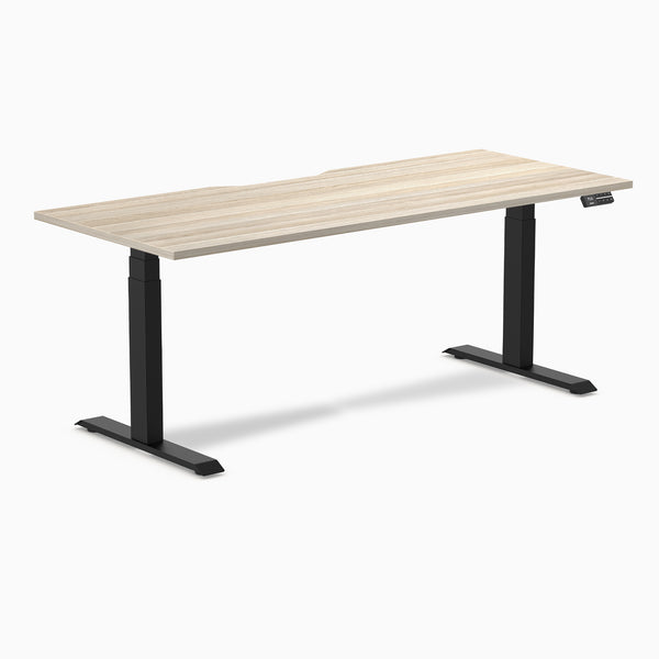 Desky Dual Scalloped Laminate Sit Stand Desk, Classic Oak desktop, Matte Black frame