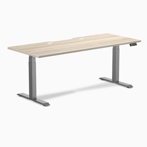 Desky Dual Scalloped Laminate Sit Stand Desk, Classic Oak desktop, Space Gray frame