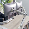 Desky Dual Slim Aluminium Monitor Arm in white with dual monitor set up