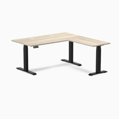 Desky L-Shape Laminate Sit Stand Desk, Classic Oak desktop, Matte Black frame