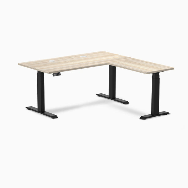 Desky L-Shape Laminate Sit Stand Desk, Classic Oak desktop, Matte Black frame