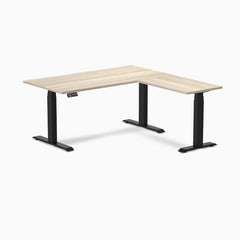 Desky L-Shape Laminate Sit Stand Desk, Classic Oak desktop, Matte Black frame