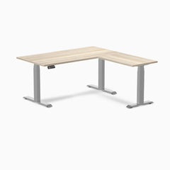 Desky L-Shape Laminate Sit Stand Desk, Classic Oak desktop, Gray frame