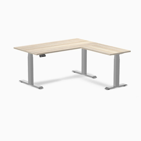 Desky L-Shape Laminate Sit Stand Desk, Classic Oak desktop, Gray frame