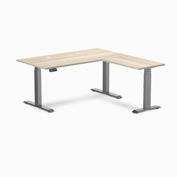 Desky L-Shape Laminate Sit Stand Desk, Classic Oak desktop, Space Gray frame