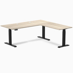 Desky L-Shape Laminate Sit Stand Desk, Classic Oak desktop, Matte Black frame