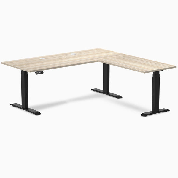 Desky L-Shape Laminate Sit Stand Desk, Classic Oak desktop, Matte Black frame