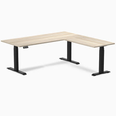 Desky L-Shape Laminate Sit Stand Desk, Classic Oak desktop, Matte Black frame
