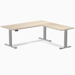 Desky L-Shape Laminate Sit Stand Desk, Classic Oak desktop, Gray frame