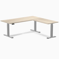 Desky L-Shape Laminate Sit Stand Desk, Classic Oak desktop, Gray frame