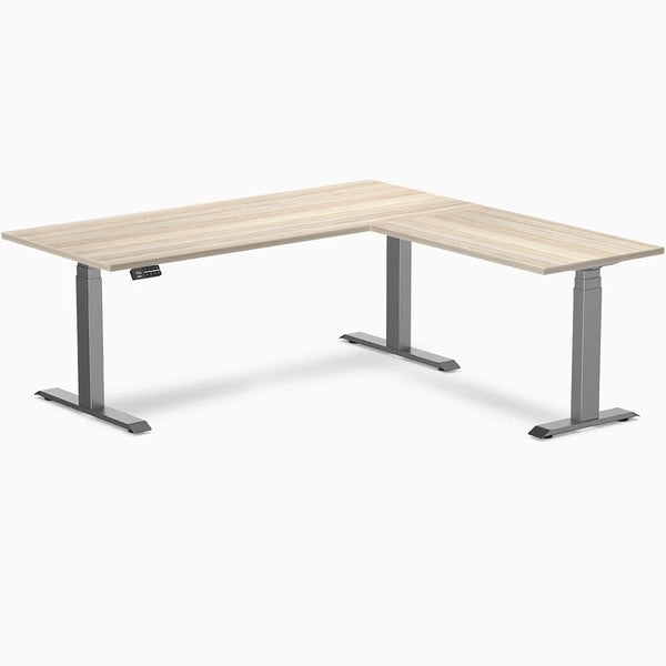Desky L-Shape Laminate Sit Stand Desk, Classic Oak desktop, Space Gray frame