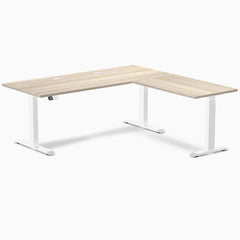 Desky L-Shape Laminate Sit Stand Desk, Classic Oak desktop, White frame