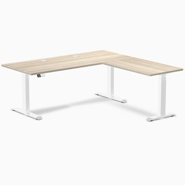 Desky L-Shape Laminate Sit Stand Desk, Classic Oak desktop, White frame