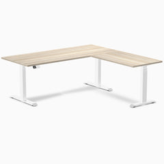 Desky L-Shape Laminate Sit Stand Desk, Classic Oak desktop, White frame