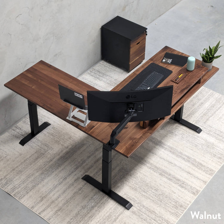 Desky Hardwood L-Shape Sit Stand Desk