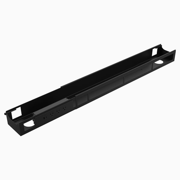 Black elongated cable tray with perforated panel near left end