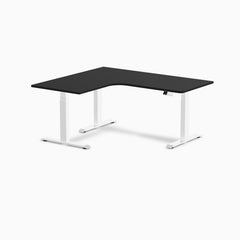 Desky L-Shape Curved Laminate Sit Stand Desk, Black desktop, White frame