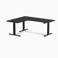 Desky L-Shape Curved Laminate Sit Stand Desk, Black desktop, Matte Black frame