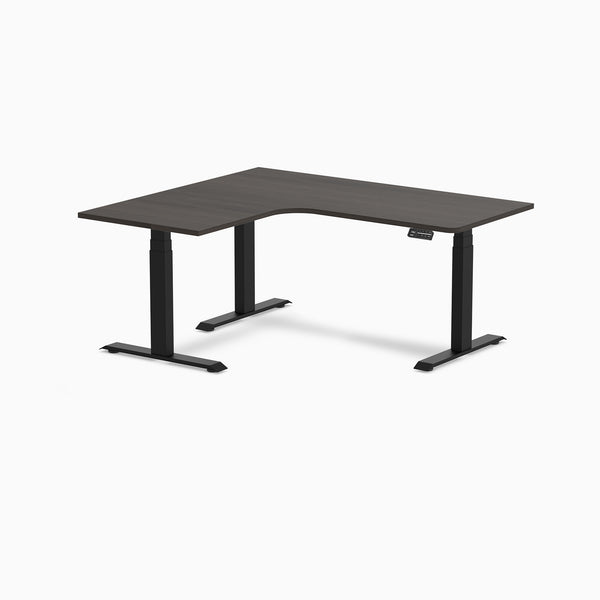 Desky L-Shape Curved Laminate Sit Stand Desk, Burnished Wood desktop, Matte Black frame