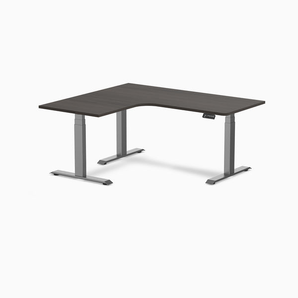 Desky L-Shape Curved Laminate Sit Stand Desk, Burnished Wood desktop, Space Gray frame