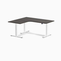 Desky L-Shape Curved Laminate Sit Stand Desk, Burnished Wood desktop, White frame