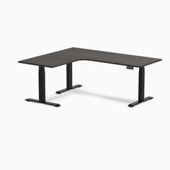 Desky L-Shape Curved Laminate Sit Stand Desk, Burnished Wood desktop, Matte Black frame