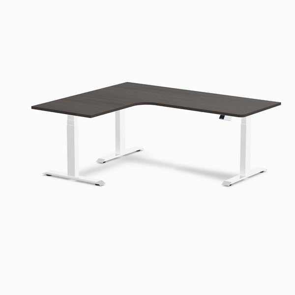 Desky L-Shape Curved Laminate Sit Stand Desk, Burnished Wood desktop, White frame