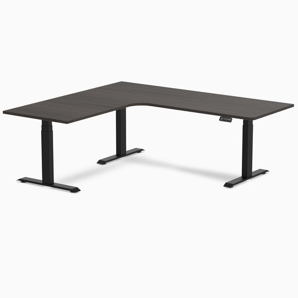 Desky L-Shape Curved Laminate Sit Stand Desk, Burnished Wood desktop, Matte Black frame