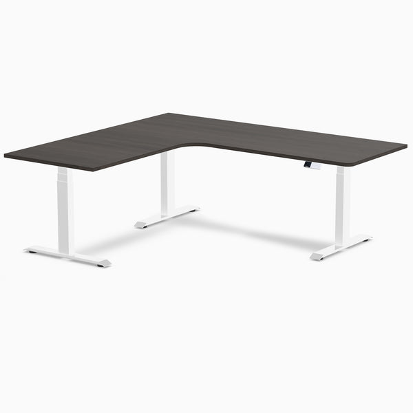 Desky L-Shape Curved Laminate Sit Stand Desk, Burnished Wood desktop, White frame