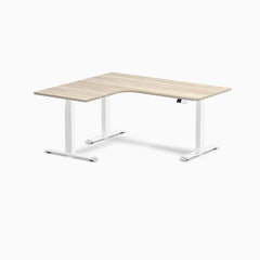 Desky L-Shape Curved Laminate Sit Stand Desk, Classic Oak desktop, White frame