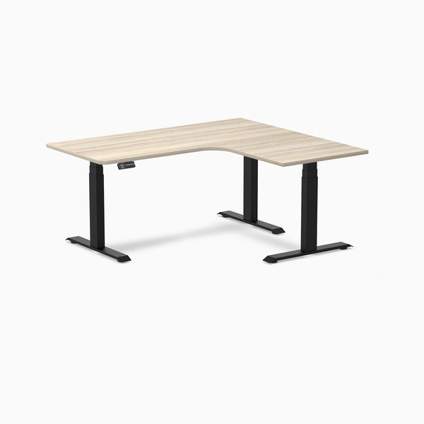 Desky L-Shape Curved Laminate Sit Stand Desk, Classic Oak desktop, Matte Black frame