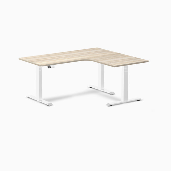Desky L-Shape Curved Laminate Sit Stand Desk, Classic Oak desktop, White frame