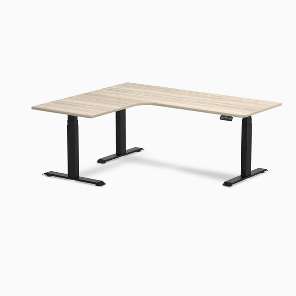 Desky L-Shape Curved Laminate Sit Stand Desk, Classic Oak desktop, Matte Black frame
