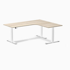 Desky L-Shape Curved Laminate Sit Stand Desk, Classic Oak desktop, White frame