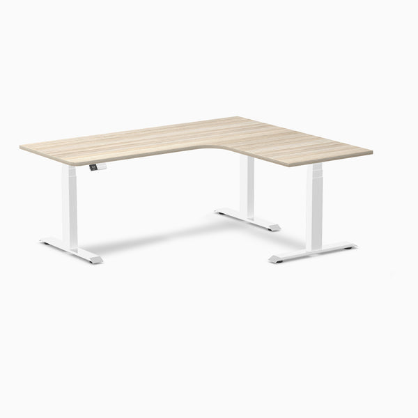 Desky L-Shape Curved Laminate Sit Stand Desk, Classic Oak desktop, White frame