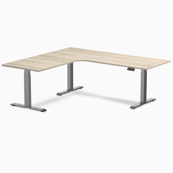 Desky L-Shape Curved Laminate Sit Stand Desk, Classic Oak desktop, Space Gray frame