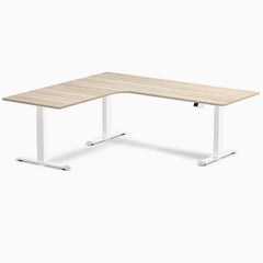 Desky L-Shape Curved Laminate Sit Stand Desk, Classic Oak desktop, White frame