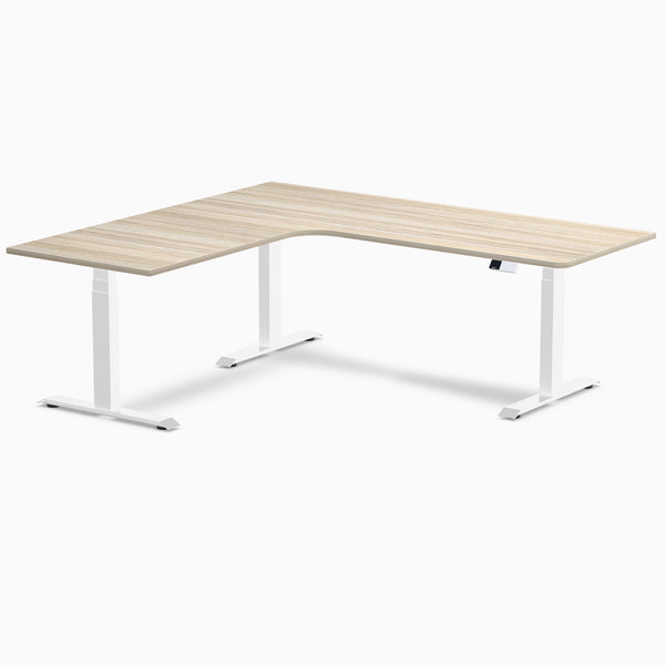 Desky L-Shape Curved Laminate Sit Stand Desk, Classic Oak desktop, White frame