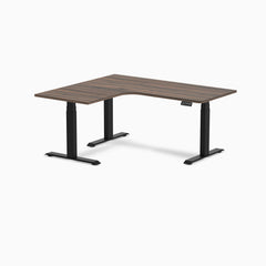 Desky L-Shape Curved Laminate Sit Stand Desk, Jarrah Legno desktop, Matte Black frame