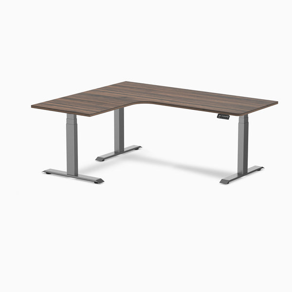 Desky L-Shape Curved Laminate Sit Stand Desk, Jarrah Legno desktop, Space Gray frame