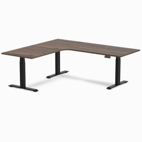 Desky L-Shape Curved Laminate Sit Stand Desk, Jarrah Legno desktop, Matte Black frame