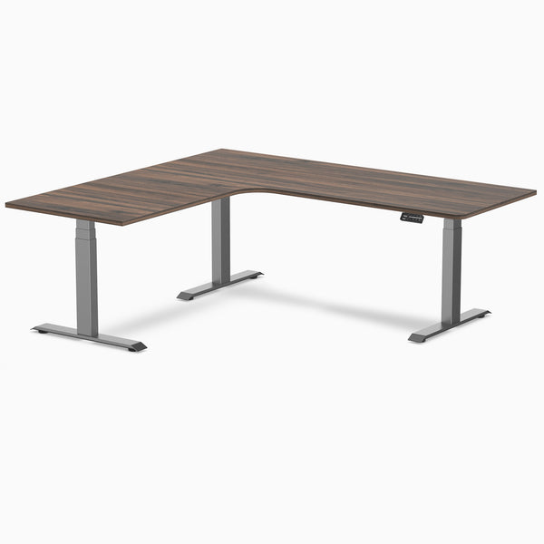 Desky L-Shape Curved Laminate Sit Stand Desk, Jarrah Legno desktop, Space Gray frame