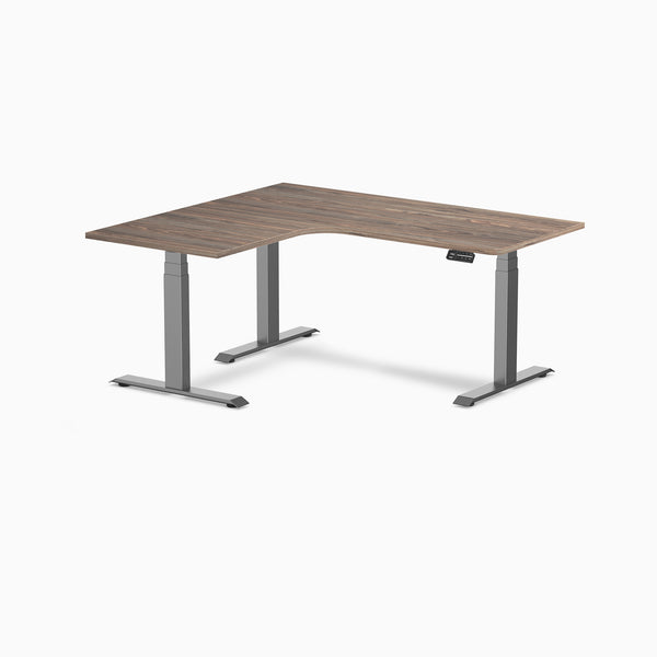 Desky L-Shape Curved Laminate Sit Stand Desk, Natural Walnut desktop, Space Gray frame