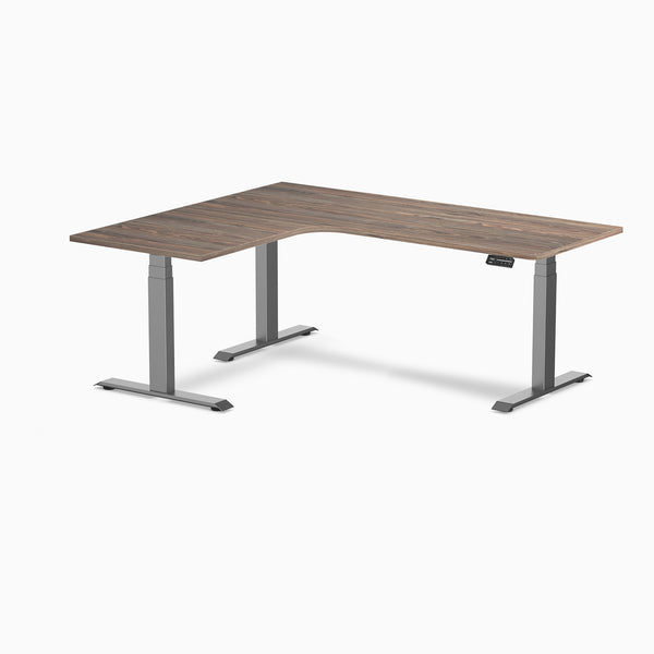 Desky L-Shape Curved Laminate Sit Stand Desk, Natural Walnut desktop, Space Gray frame