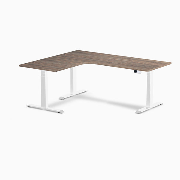 Desky L-Shape Curved Laminate Sit Stand Desk, Natural Walnut desktop, White frame