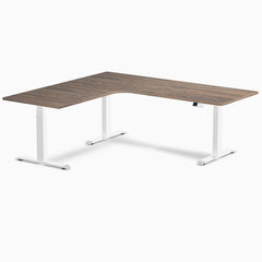 Desky L-Shape Curved Laminate Sit Stand Desk, Natural Walnut desktop, White frame