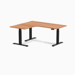 Desky L-Shape Curved Laminate Sit Stand Desk, Prime Oak desktop, Matte Black frame