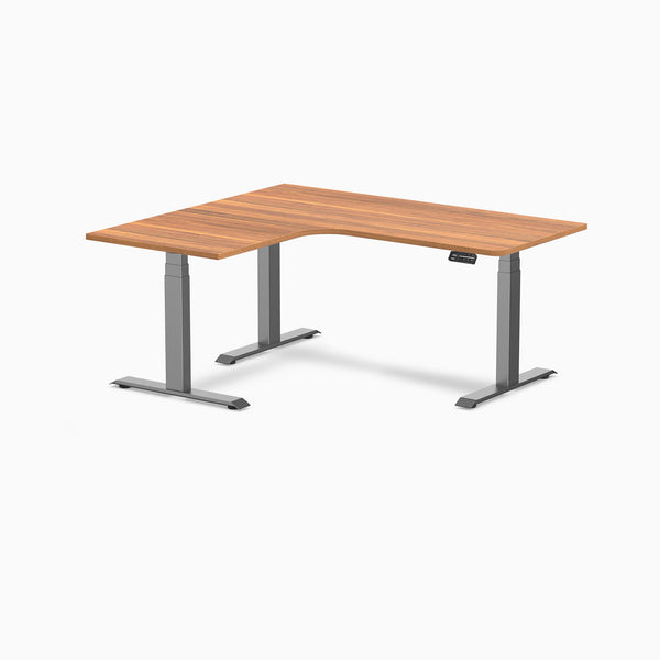 Desky L-Shape Curved Laminate Sit Stand Desk, Prime Oak desktop, Space Gray frame